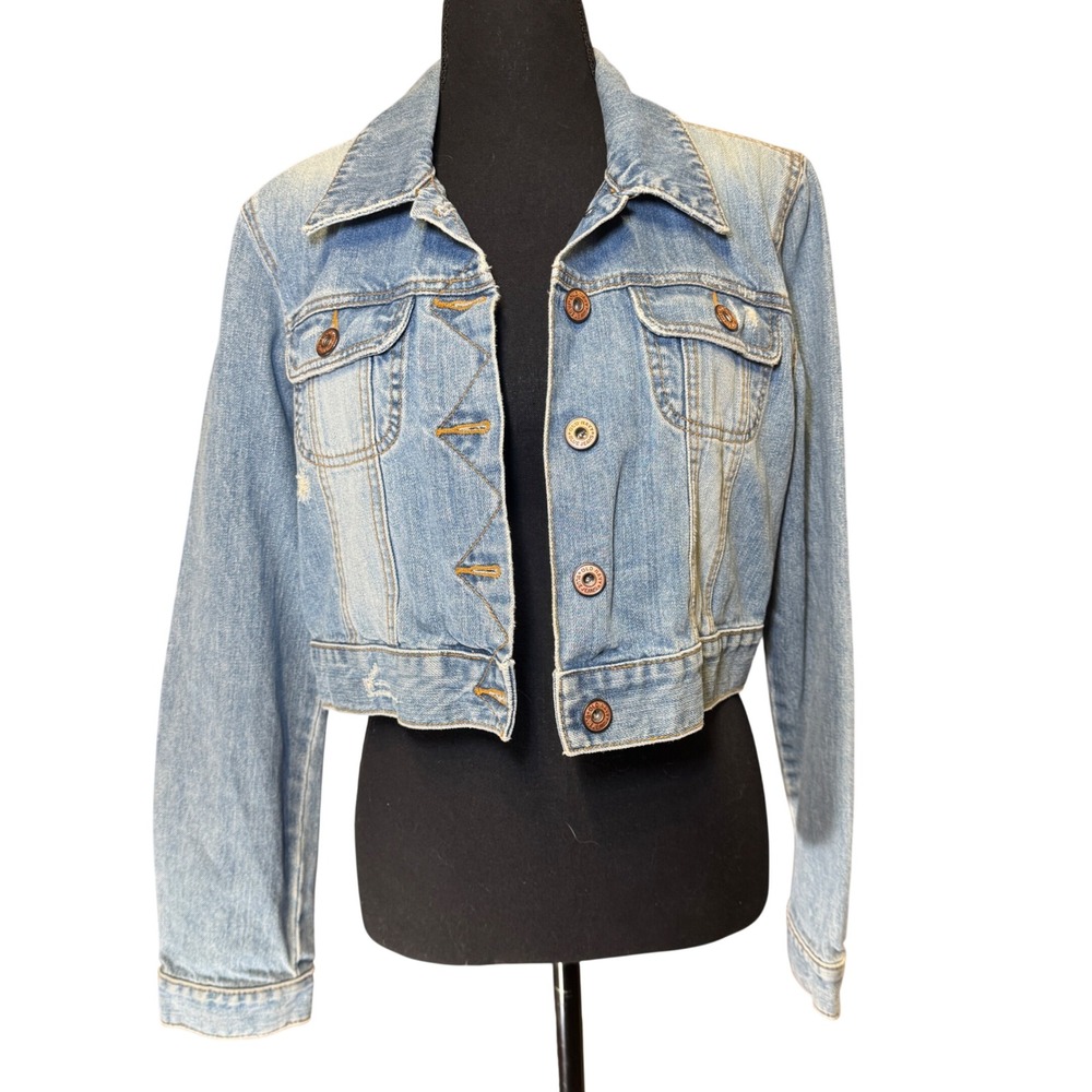 Old Navy Womens Cropped Denim Jacket Light Wash Distressed Blue Jean Trucker L